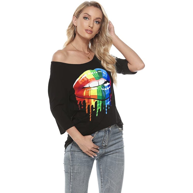 MAGICMK Women Casual Plus Size Lips Print Off Shoulder T-Shirt Tops (L, Black+XXMOUTH) - Image 3